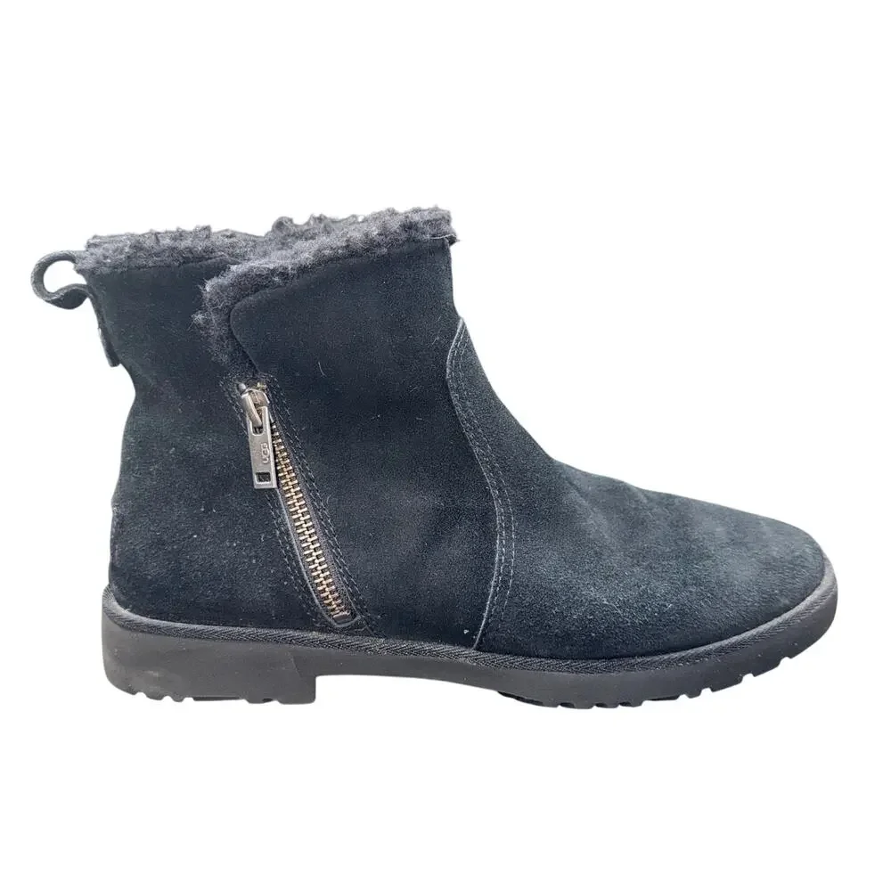 UGG Lorna Mini Zip Boots Black Suede Shearling Womens 8.5 Waterproof